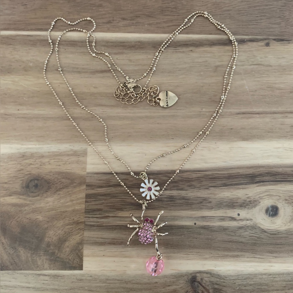 Betsey Johnson pink rhinestone spider double strand necklace NWOT